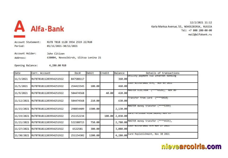 Russia Alfa bank statement easy to fill in .xls and .pdf file format